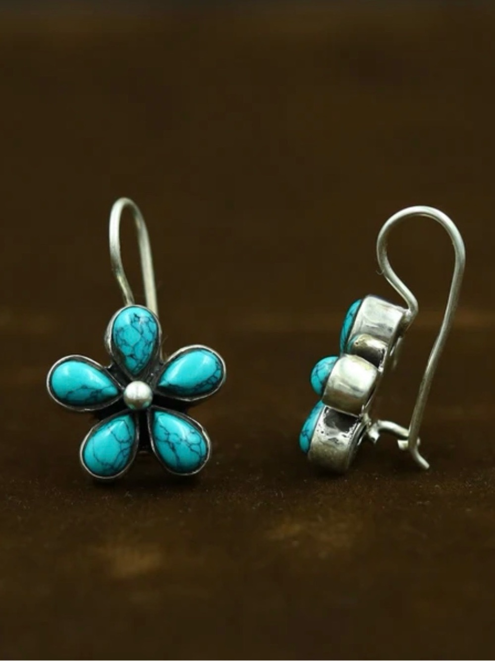 Silver and Turquoise Drop Flower Earrings